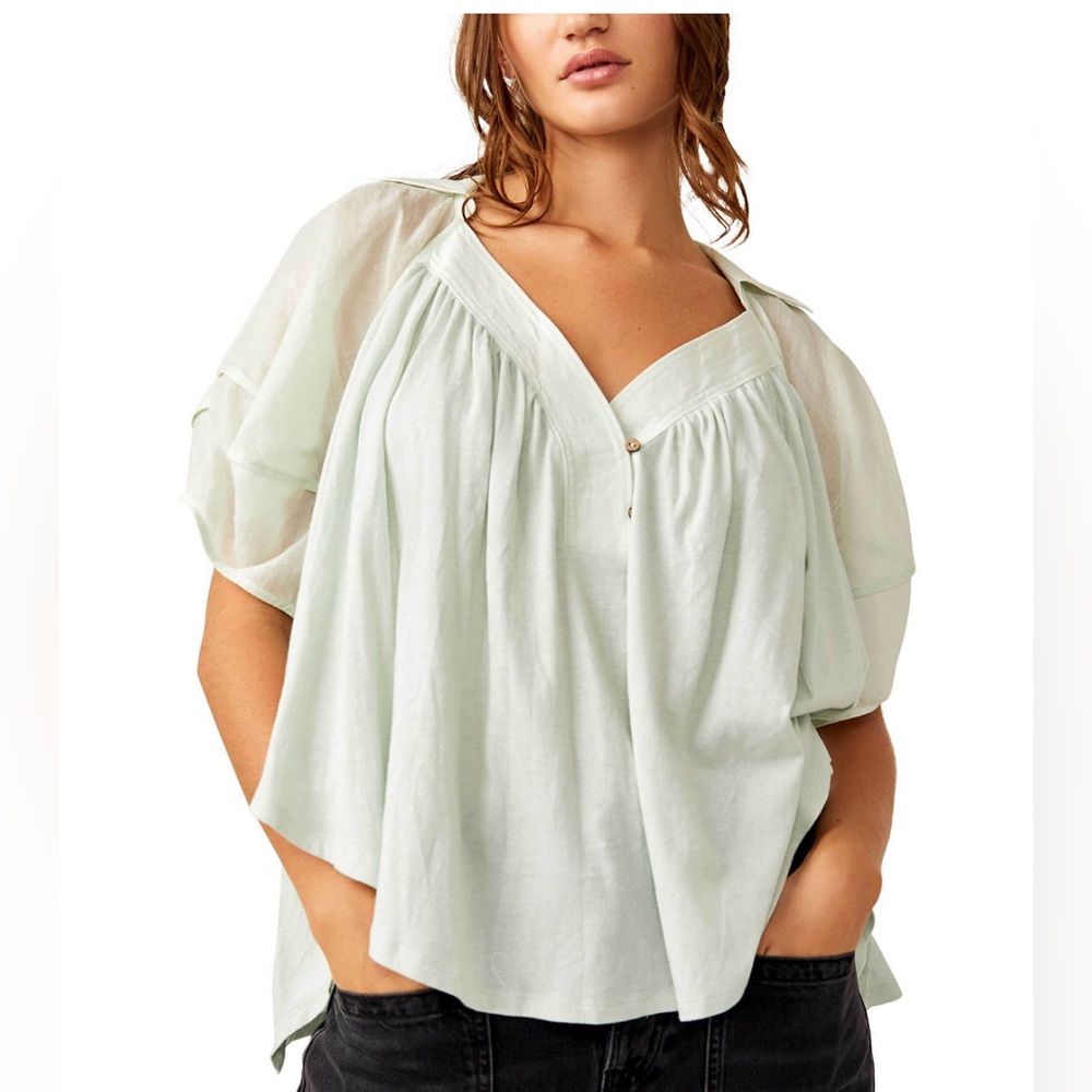 Free People Sunray Mixed-Media Babydoll Top, Mineral Sea, Size Med, New w/ Tags!